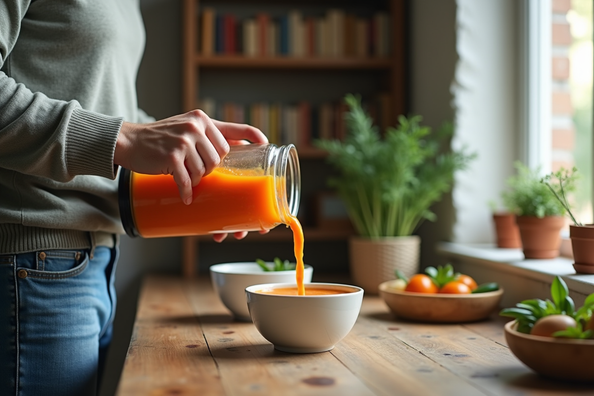 Jeune homme versant une soupe dans un bol en cuisine rustique