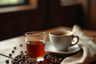 Verre de Kahlúa et tasse d'espresso sur une table en bois rustique avec des grains de café, alternative au café de fin de repas