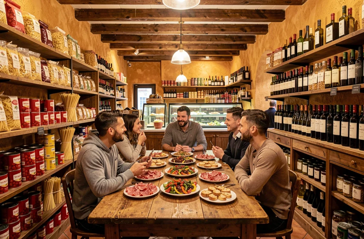 Groupe d'amis attablés à La Bottega des Terreaux à Lyon 1er, avec antipasti et décor de trattoria italienne artisanale