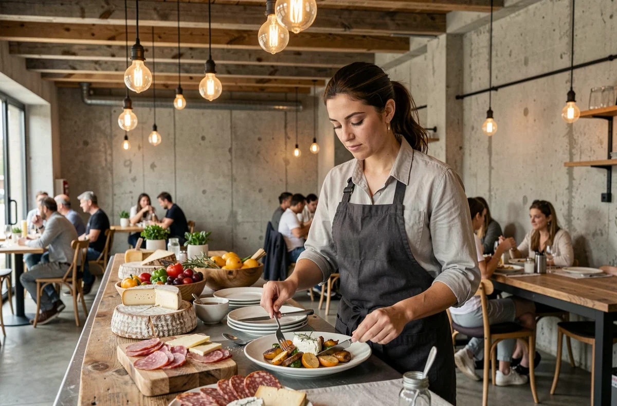 Chef féminine dressant une assiette de légumes rôtis au fromage de chèvre dans la cuisine ouverte du restaurant La Fabrique au Grau-du-Roi