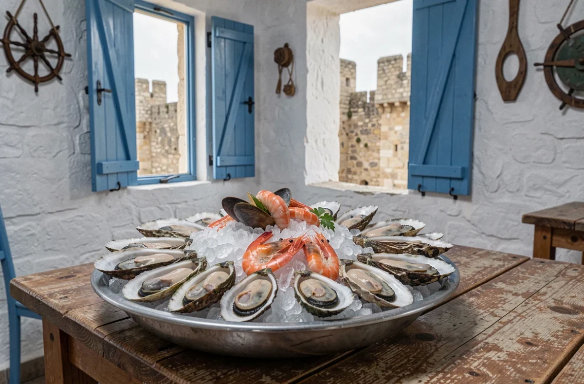 Plateau de fruits de mer frais au restaurant Lady Glagla à Aigues-Mortes avec vue sur les remparts médiévaux