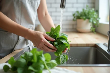 Femme lavant des feuilles d'épinards frais sous l'eau pour préparer une purée pour bébé dans une cuisine moderne