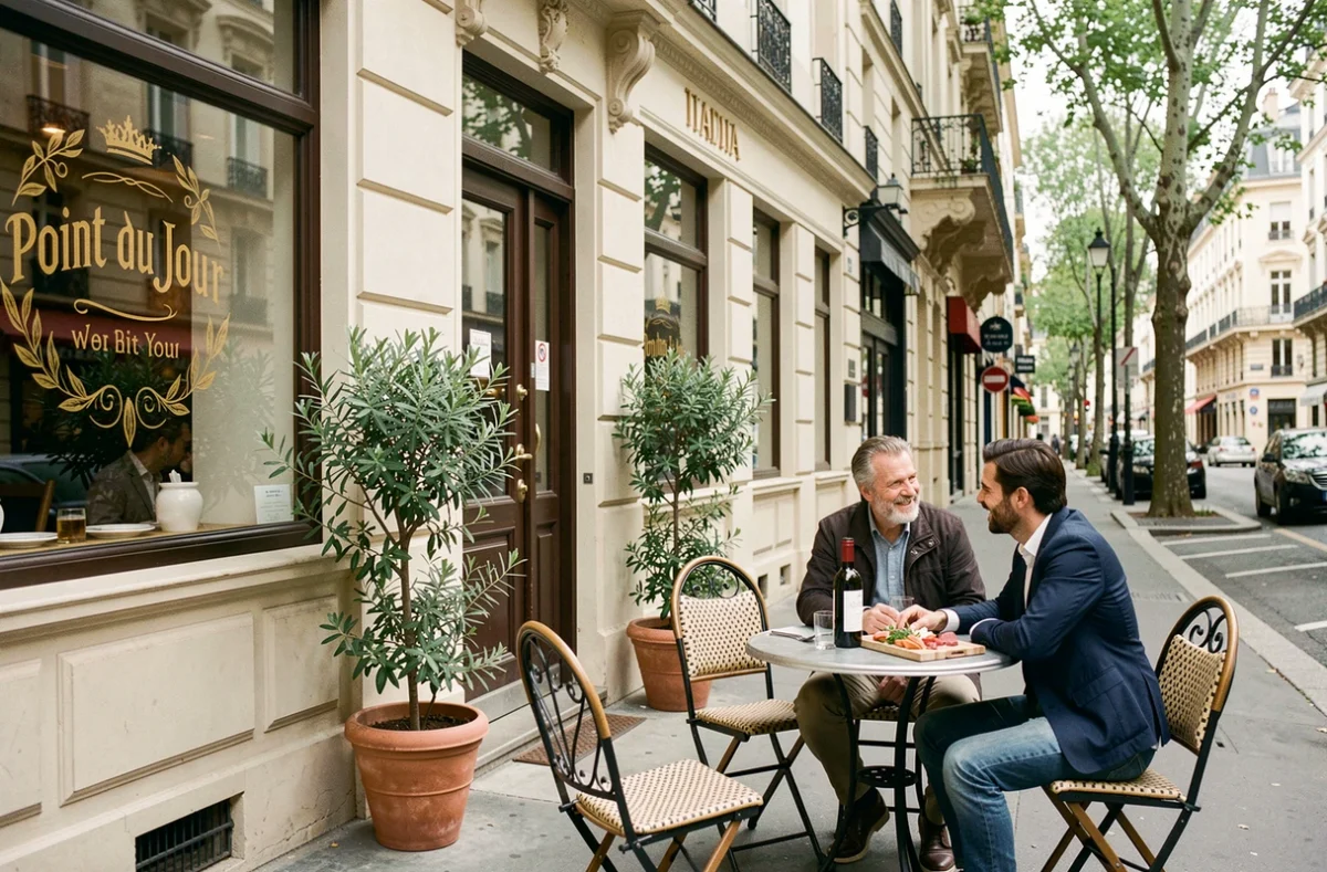 Façade et terrasse du restaurant Le Fantastico au Point du Jour à Lyon, avec couple attablé et décor méditerranéen