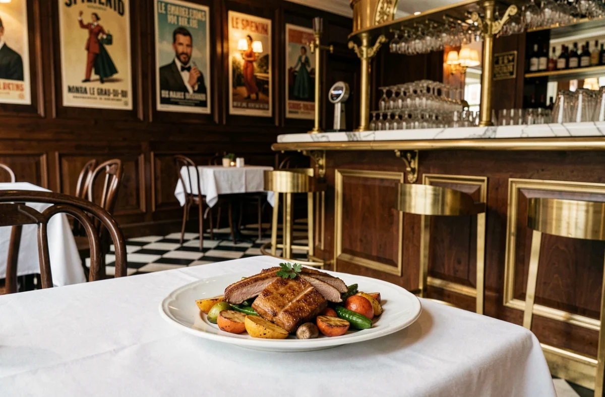 Assiette de confit de canard sur table dressée dans le cadre élégant de brasserie du restaurant Le Splendid au Grau-du-Roi