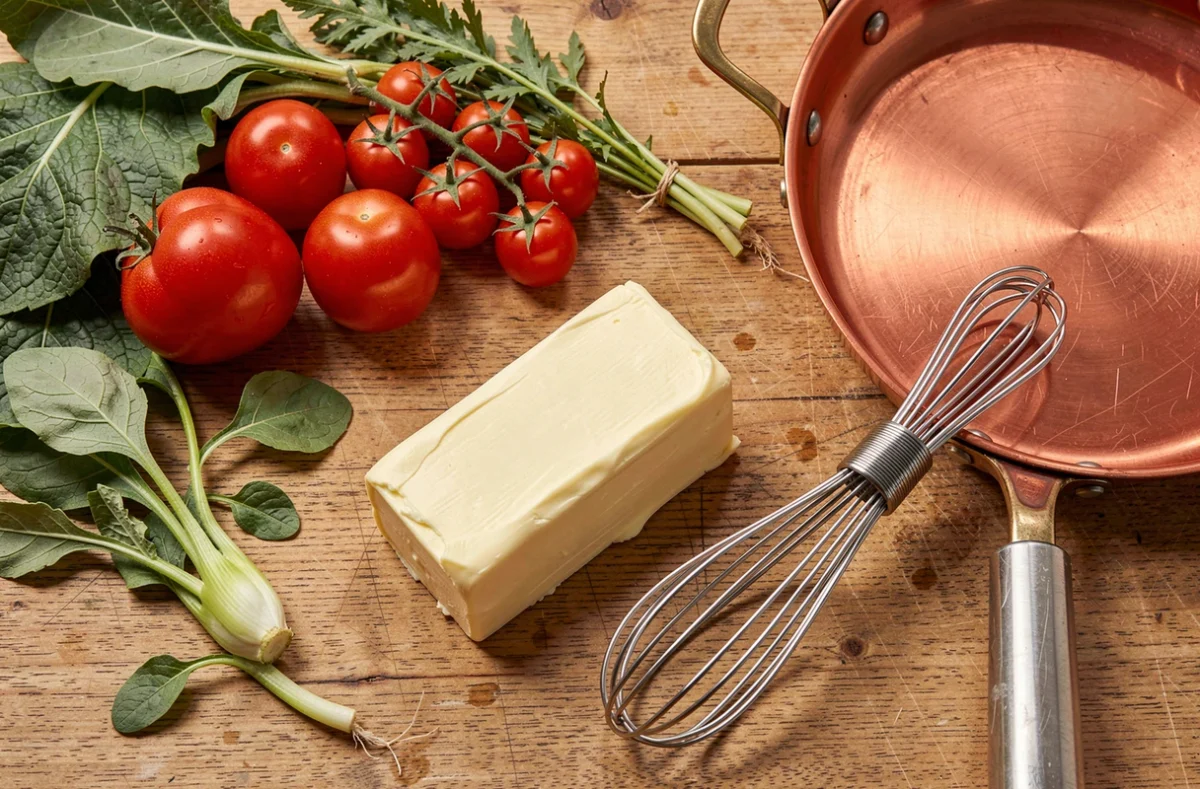 Légumes frais et ustensiles de cuisine posés sur un plan de travail