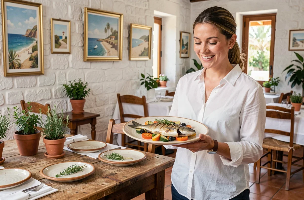 Serveuse présentant un plat de poisson grillé dans la salle chaleureuse du restaurant Les Enfants Sages au Grau-du-Roi