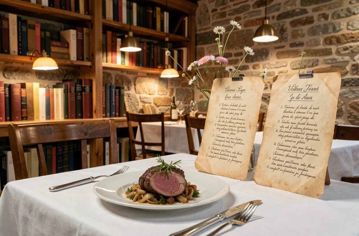 Plat d'agneau rôti dressé avec soin sur table garnie de lin dans le restaurant littéraire Lettres et Mets à Saint-Jean-du-Gard