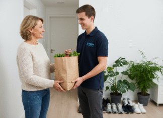Femme souriante recevant un sac de courses à la porte