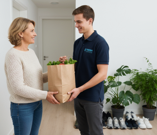 Femme souriante recevant un sac de courses à la porte