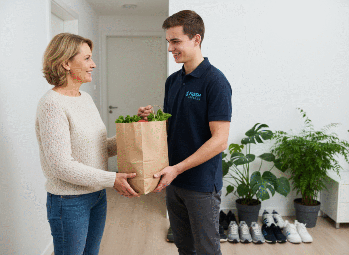 Femme souriante recevant un sac de courses à la porte