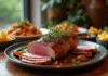 Magret de canard tranché sur une table en bois rustique