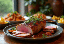 Magret de canard tranché sur une table en bois rustique