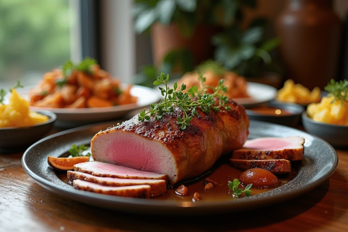 Magret de canard tranché sur une table en bois rustique