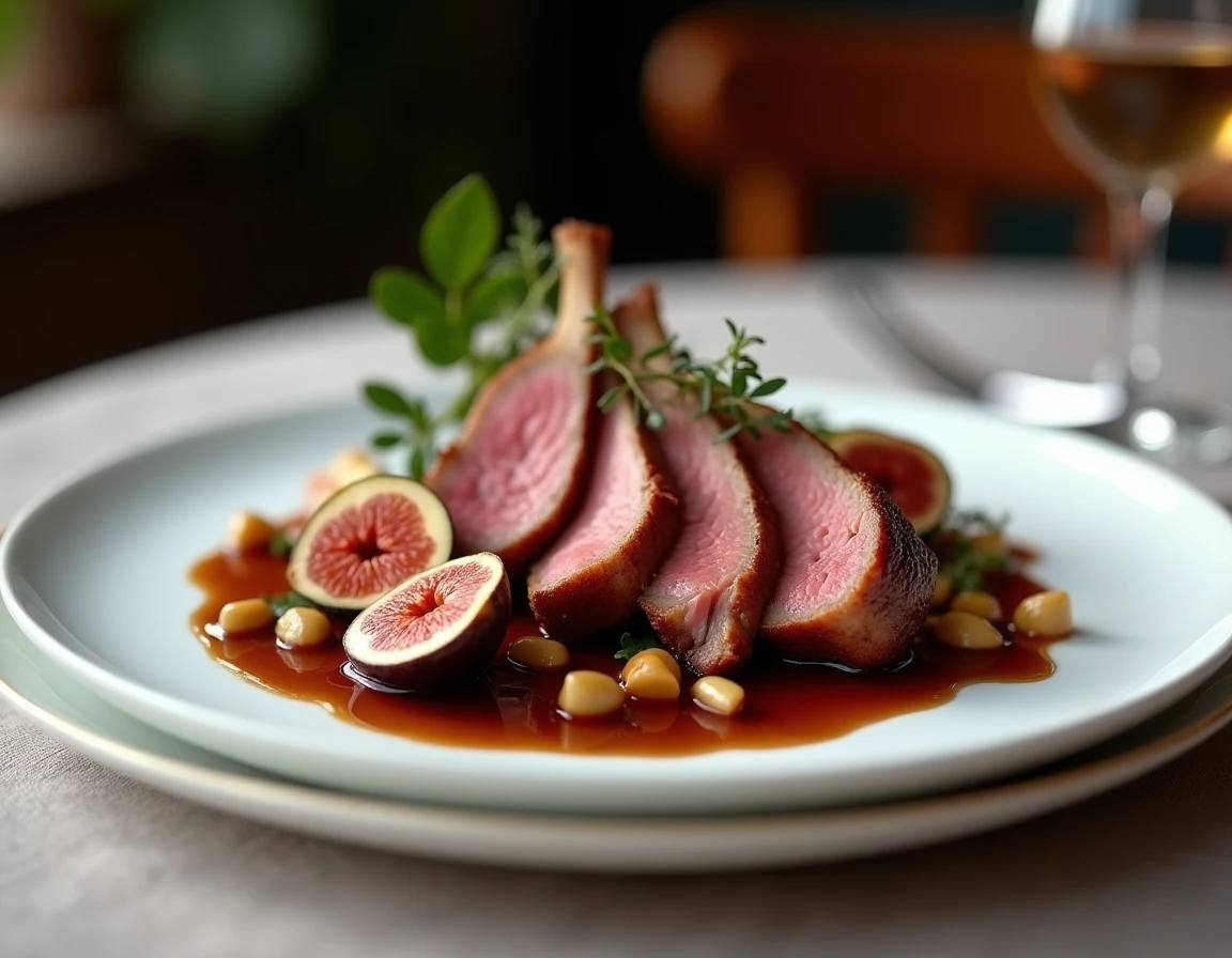 Magret de canard tranché nappé de sauce à la figue fraîche servi sur assiette blanche dans un bistro français