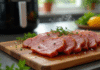 Magret de canard tranché sur planche en bois avec herbes