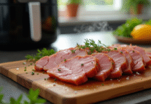 Magret de canard tranché sur planche en bois avec herbes
