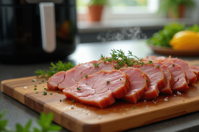 Magret de canard tranché sur planche en bois avec herbes