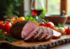 Magret de canard tranché sur une table en bois rustique