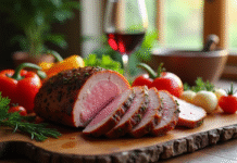 Magret de canard tranché sur une table en bois rustique