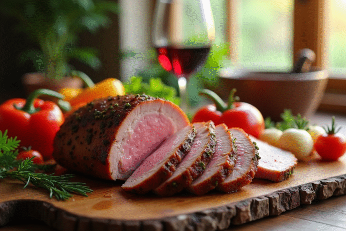 Magret de canard tranché sur une table en bois rustique