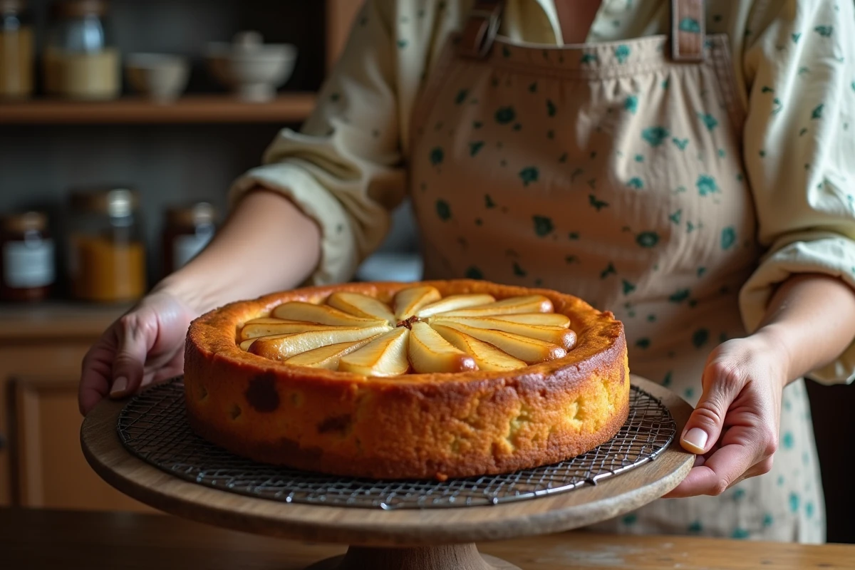 Mains d'une grand-mère posant un gâteau aux poires doré sur une grille dans une cuisine familiale chaleureuse