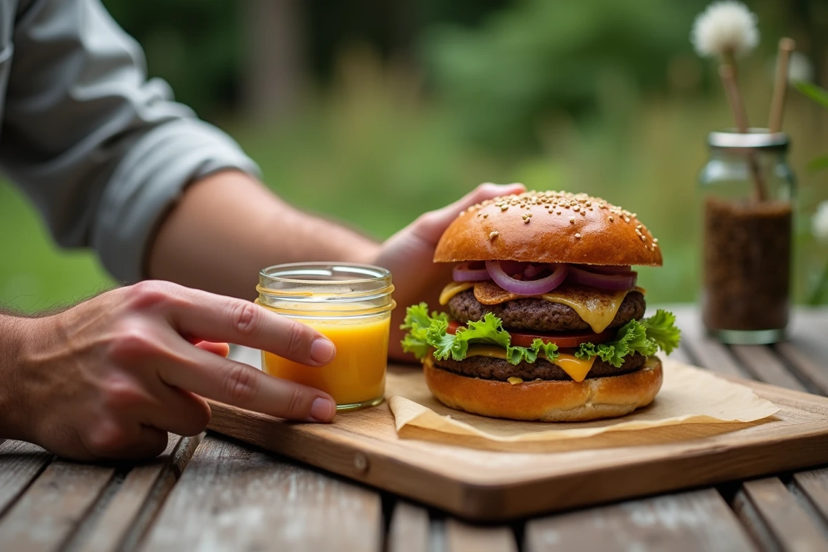 Mains masculines tenant sauce maison avec burger en extérieur