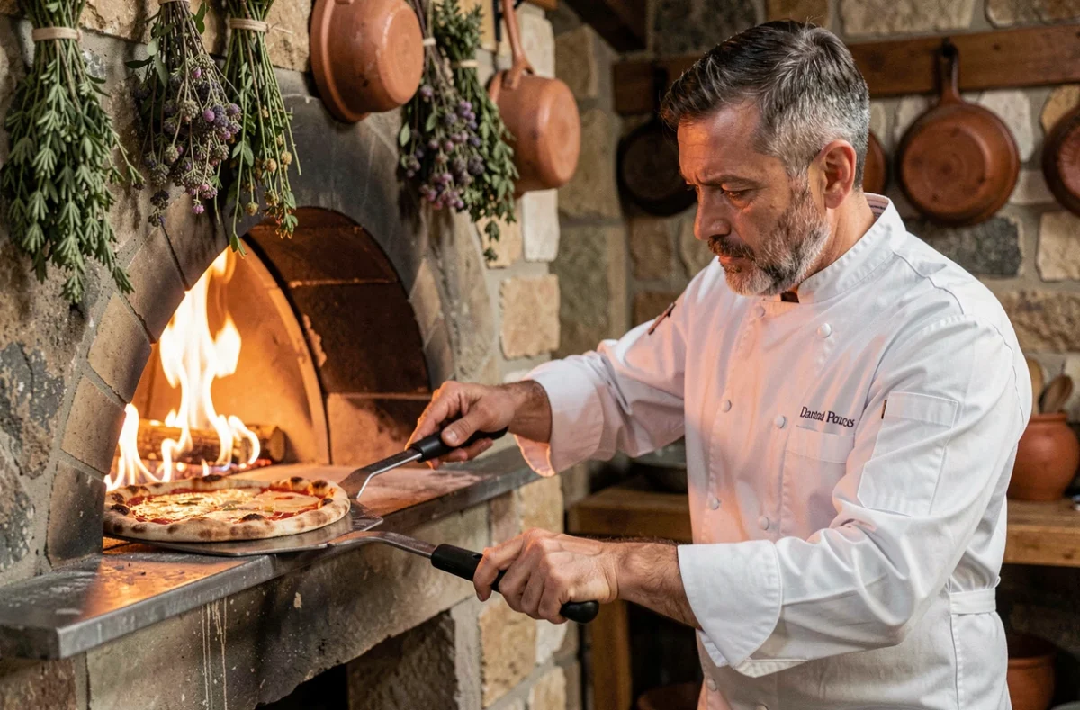 Maître pizzaiolo insérant une pizza dans un four à bois flamboyant avec pelle métallique dans une cuisine en pierre rustique