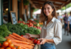 Manger bio et local : bienfaits pour la santé et l’environnement Femme souriante choisissant des légumes frais au marché