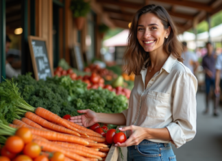 Manger bio et local : bienfaits pour la santé et l’environnement Femme souriante choisissant des légumes frais au marché