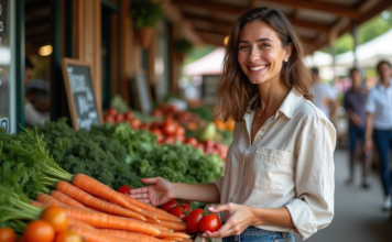 Manger bio et local : bienfaits pour la santé et l’environnement Femme souriante choisissant des légumes frais au marché