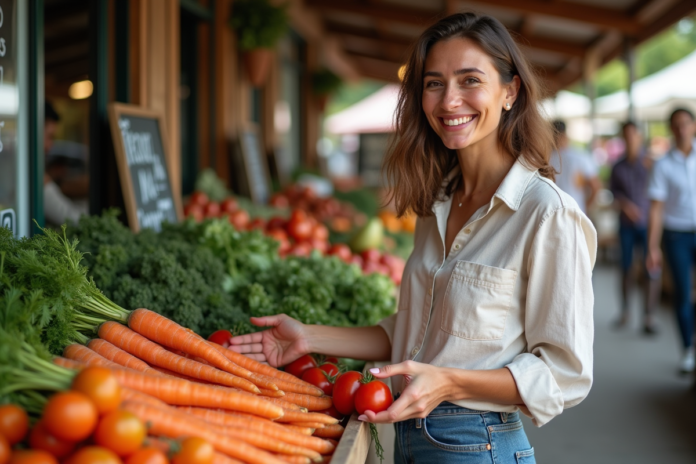 march-lgumes-femme-souriante Femme souriante choisissant des légumes frais au marché