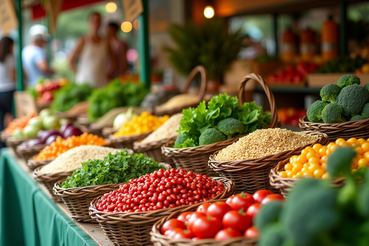 Stand de marché avec légumes riches en protéines et ambiance colorée