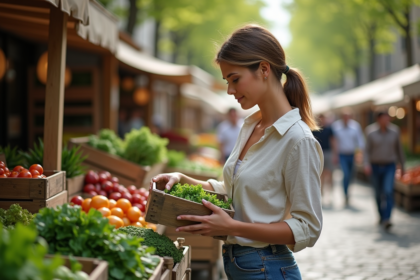 Femme choisissant des légumes bio au marché en plein air