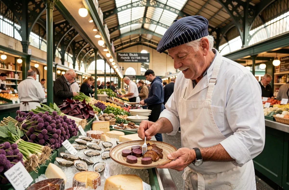 Chef cuisinier au marché Victor Hugo de Toulouse dressant une assiette de spécialités locales comme la saucisse et le confit de canard, avec l'architecture en fer forgé du marché couvert en arrière-plan