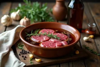 Chevreuil cru marinant dans de la bière brune avec des herbes aromatiques dans un bol en céramique sur une table en chêne rustique