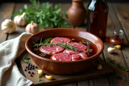 Chevreuil cru marinant dans de la bière brune avec des herbes aromatiques dans un bol en céramique sur une table en chêne rustique