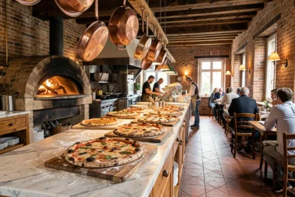 Intérieur d'une pizzeria artisanale dans les Pays de la Loire avec four à bois et pizzas napolitaines sur planche de bois