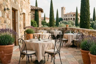 Terrasse d'un restaurant traditionnel du Gard avec murs en pierre, tables dressées et atmosphère méditerranéenne