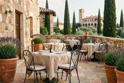 Terrasse d'un restaurant traditionnel du Gard avec murs en pierre, tables dressées et atmosphère méditerranéenne