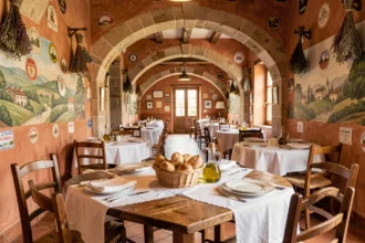 Salle de restaurant italien authentique en Auvergne-Rhône-Alpes, avec décor en pierre, tables dressées et ambiance trattoria chaleureuse