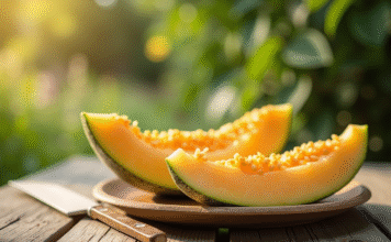 La fraîcheur du melon : idées de recettes pour l’été Melon tranché mûr servi sur une table en bois rustique en plein air