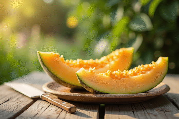 Melon tranché mûr servi sur une table en bois rustique en plein air