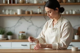 Femme mesurant 100 millilitres de liquide dans un bécher gradué pour préparer des cosmétiques maison sur un plan de travail en bois