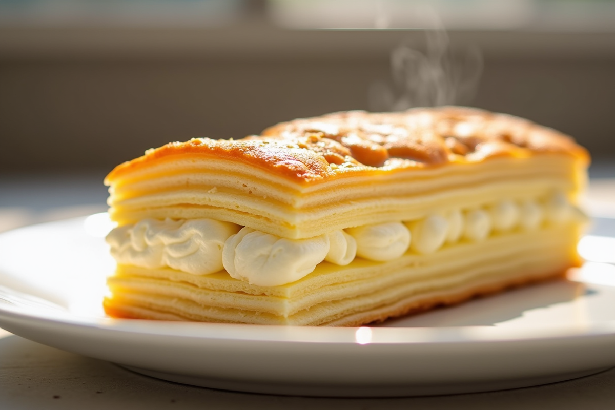 Millefeuille parfaitement dressé sur une assiette blanche