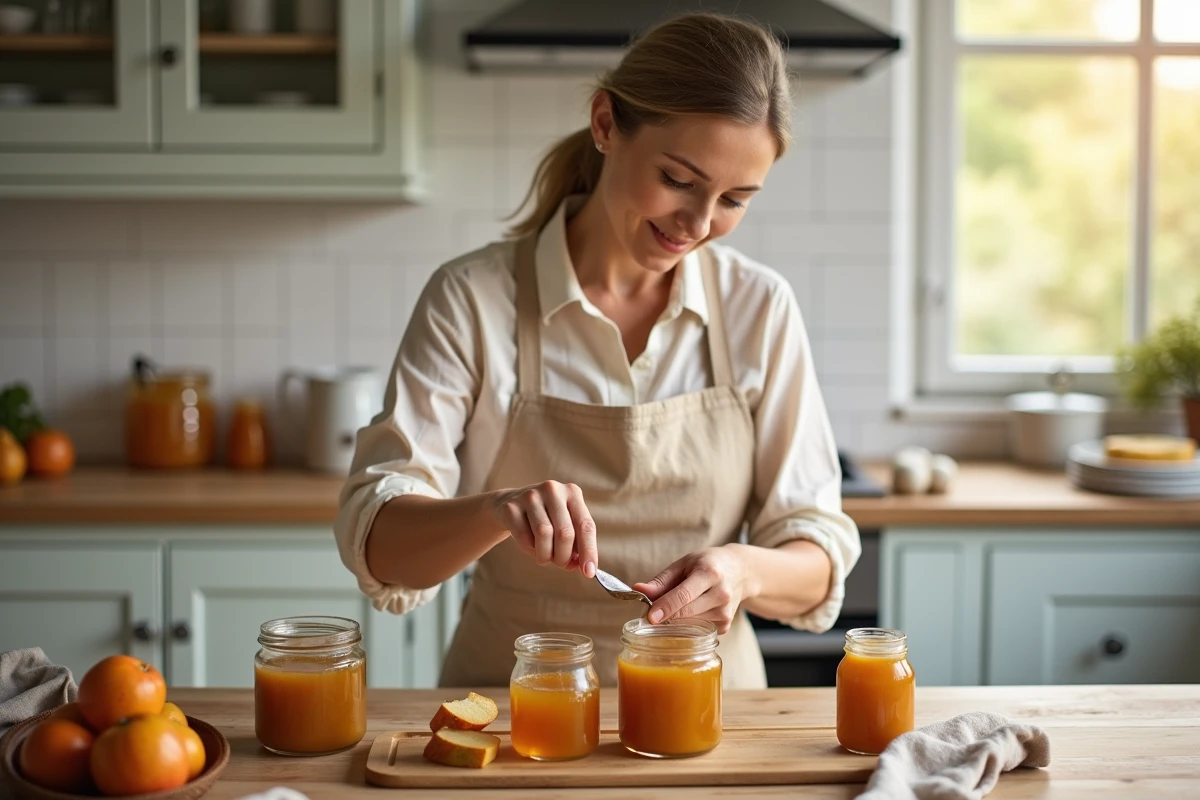 Femme versant de la confiture de coings dorée dans des bocaux en verre sur une table en bois dans une cuisine familiale