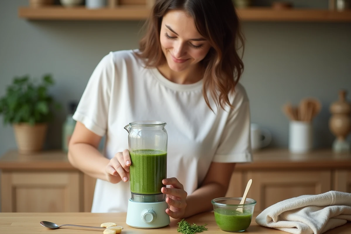 Femme mixant des épinards cuits en purée lisse dans un blender pour bébé sur une table en bois dans une cuisine familiale