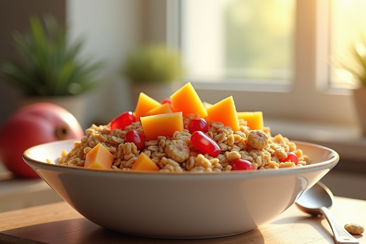 Gros plan sur un bol de muesli avec fruits exotiques