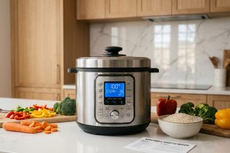 Multicuiseur électrique posé sur un plan de travail en marbre avec légumes frais et riz autour, idéal pour choisir la bonne capacité en litres