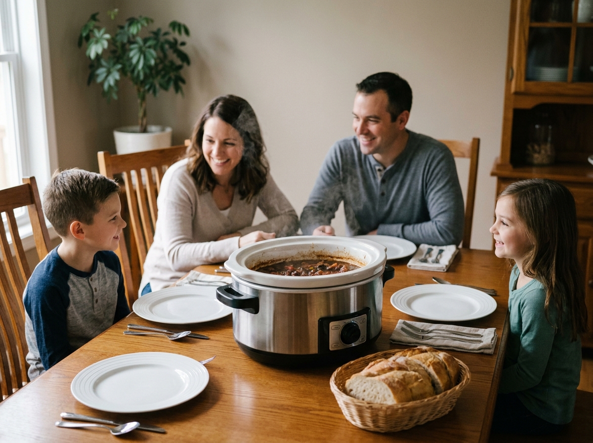 Famille de quatre personnes réunie autour d'un multicuiseur lors d'un repas, illustrant le choix de capacité adapté au nombre de convives