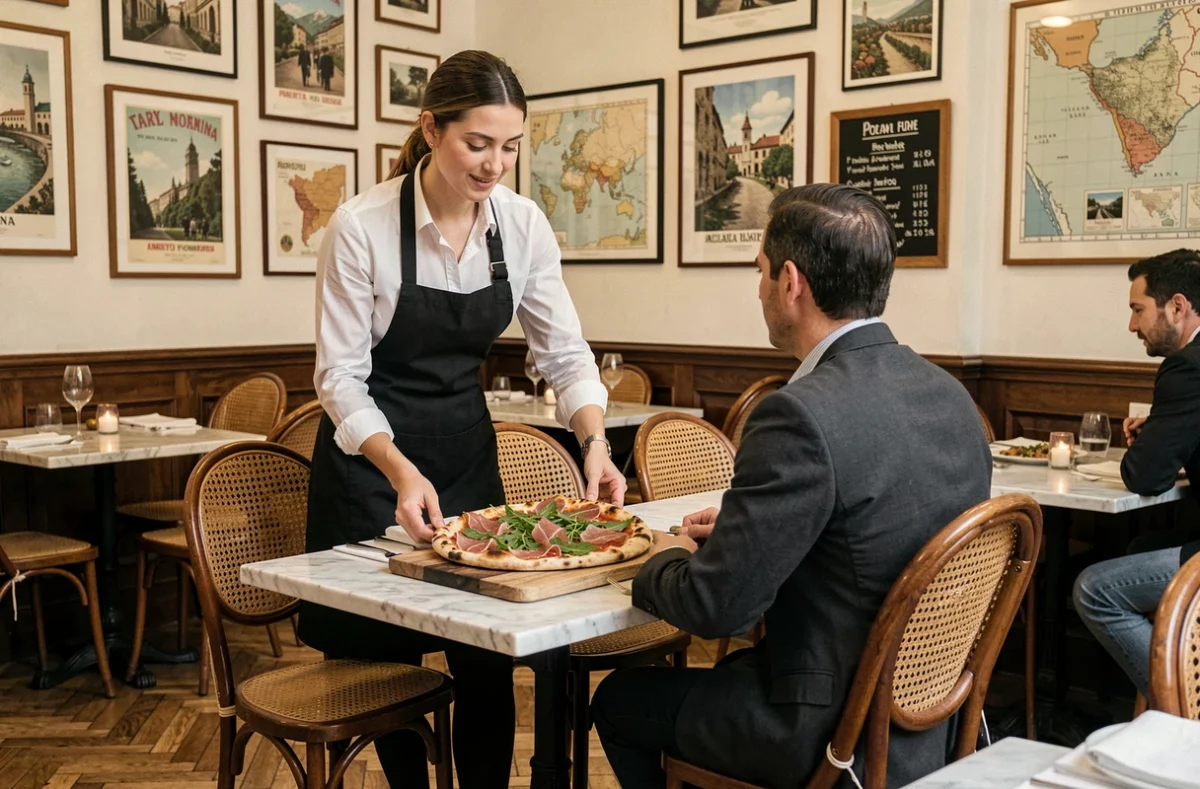 Serveuse de la Nano Trattoria Lyon VI déposant une pizza romaine au prosciutto devant un client dans la salle élégante du quartier Foch